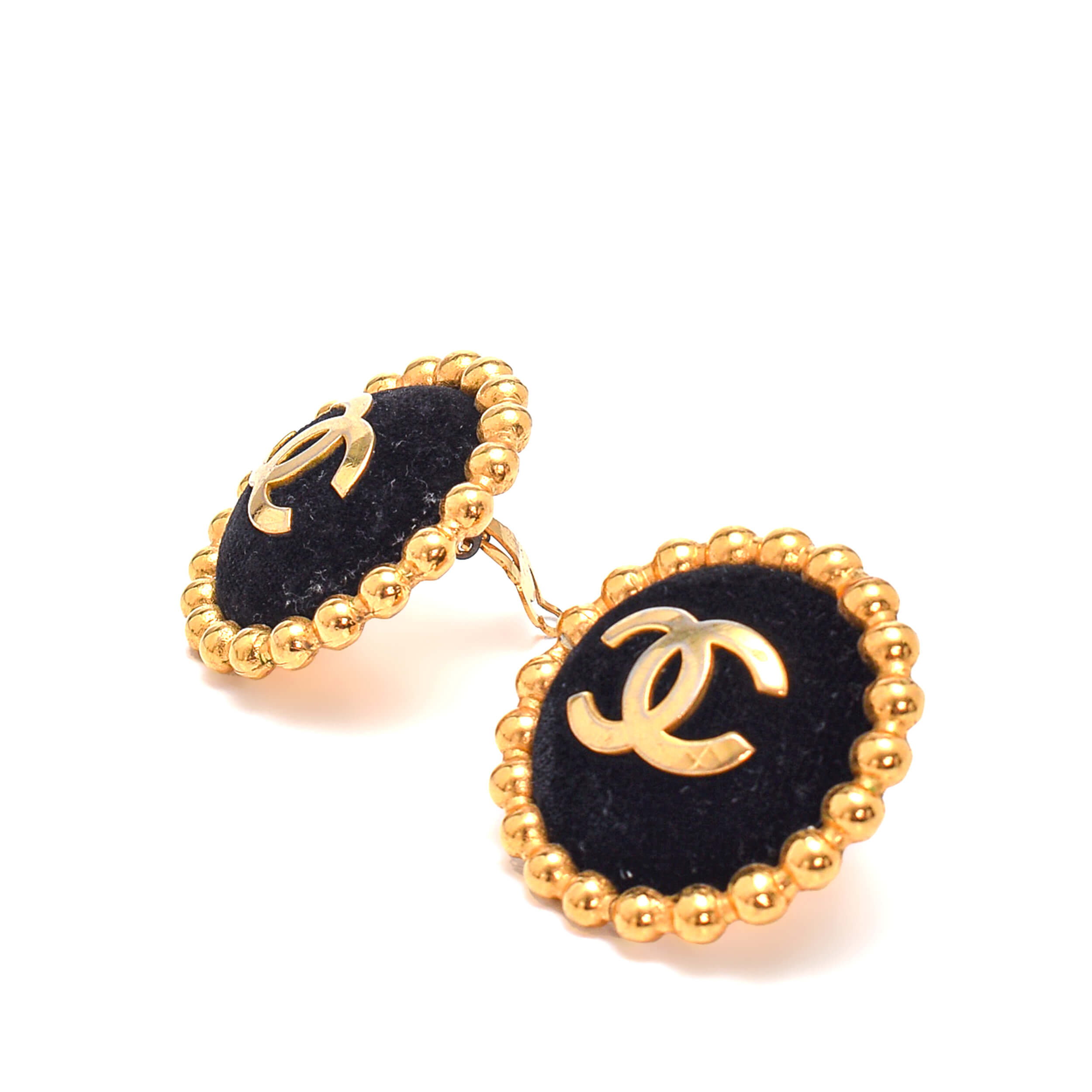 Chanel - Gold Tone & Black Velvet Vintage Earrings